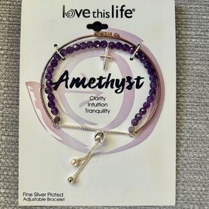 Silver-Plated Amethyst Adjustable Bracelet with Cross and The Word Blessed